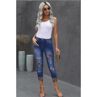 Distressed Leopard Patches Blue Skinny Jeans